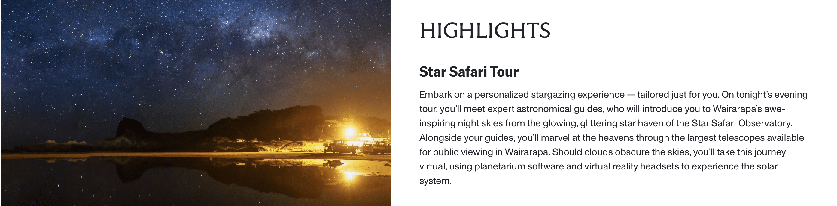 The Milky Way stretching over the Wairarapa coast at night, showcasing New Zealand’s pristine dark skies — a highlight of the Star Safari stargazing experience recognised by Lonely Planet.